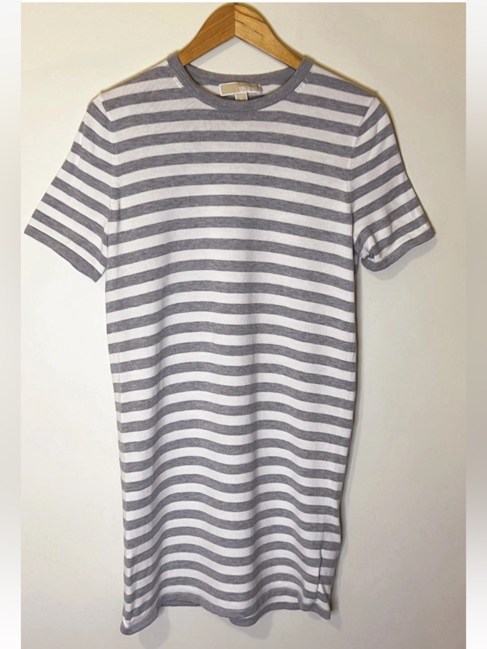 Michael Kors Gray and White Striped Short-Sleeve Mini Dress